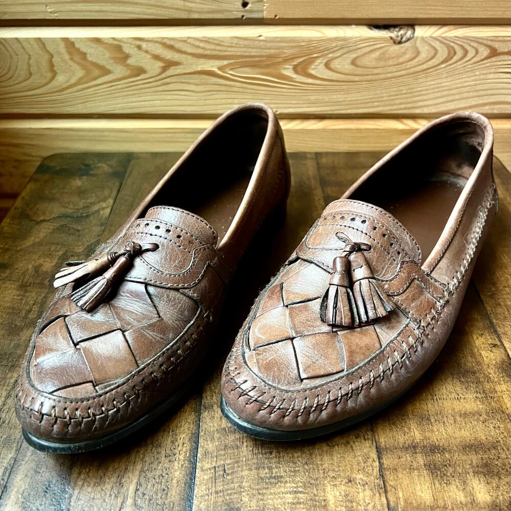 Vintage Woven Leather Tassel Loafers Mens 9.5 Brown Moc Toe Slip On Casual Tan